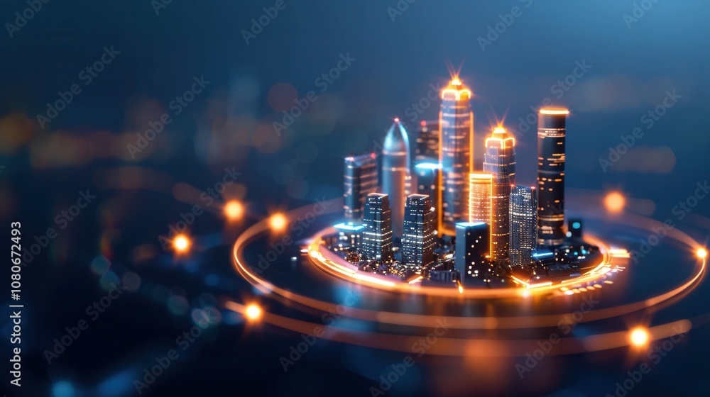 Poster digital rendering of a futuristic cityscape with illuminated skyscrapers and networked connections, 