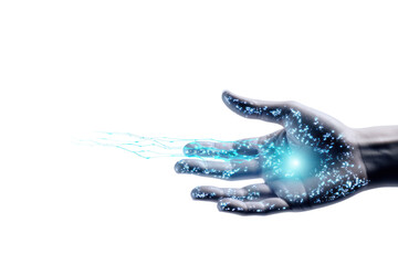 Futuristic human hand touching digital data stream with AI symbols isolated on white background