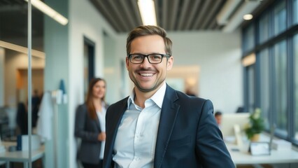 Professional Businessman Smiling in Modern Office Setting, Perfect for Corporate Marketing or Business Branding
