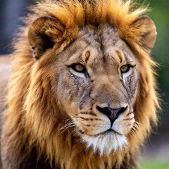 A close-up photo of a lion looking directly at the camera, deep focus on the symmetry of its face and the contrast between its eyes and fur, eye-level shot conveying a sense of presence and authority