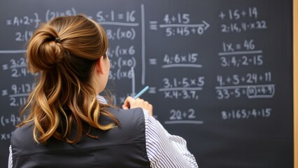 Focused Female Educator Solving Math Problems on Chalkboard in Classroom Setting, Ideal for Educational Materials and Inspirational Posters