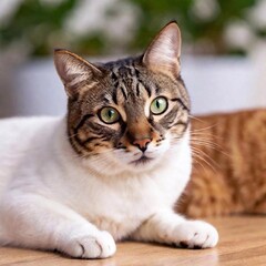 A close-up photo with deep focus, eye-level shot of a dog and cat grooming each other, capturing the intricate details of their fur and the affectionate behavior in a portrait