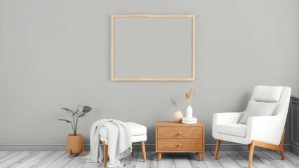Minimalist Living Room Decor: Cozy White Chair, Wooden Nightstand, and Modern Aesthetic for a Relaxing Space