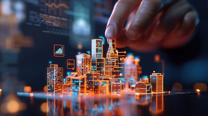 Close-up of a hand interacting with a holographic smart city model, featuring illuminated buildings and digital data displays, symbolizing urban planning and technology.