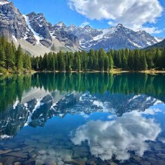 A high-resolution ultrarealistic photo captures a pristine alpine landscape. Majestic snow-capped mountains dominate the background, their sharp peaks piercing the blue sky adorned with fluffy white c