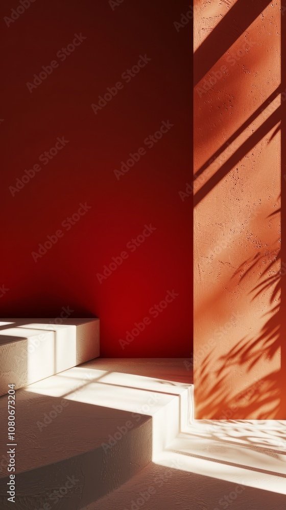 Poster sunlight casts artistic shadows on red and white textured walls, creating a minimalist architectural
