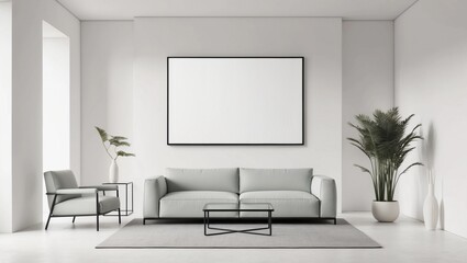 Minimalist Living Room Wall Art Mockup with Elegant White Canvas and Black Metal Frame