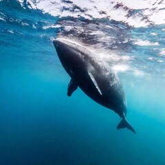 A medium shot low angle photo of a whale swimming just below the surface, with soft focus capturing the gentle curve of its body and the sunlight filtering through the water.
