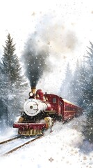 An enchanting watercolor illustration of an old-fashioned steam train chugging through the snowy countryside, surrounded by towering evergreen trees and white snowflakes falling gently from the sky