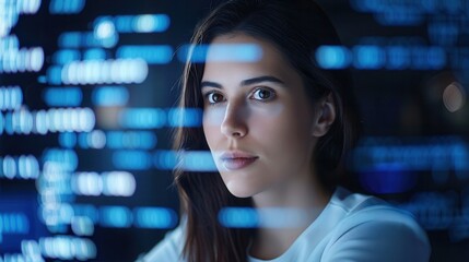 Close-up of a confident female programmer with blue code reflections on her face, symbolizing expertise in software development and data analysis.