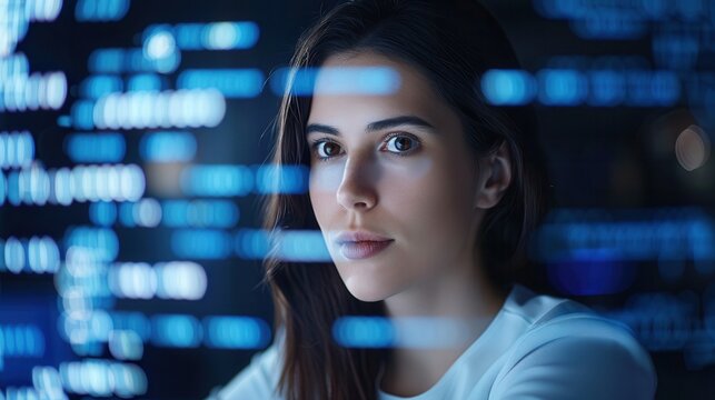 Close-up of a confident female programmer with blue code reflections on her face, symbolizing expertise in software development and data analysis.
