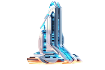 Detailed 3D rendering of a futuristic skyscraper with dynamic geometric shapes and illuminated features, isolated on white background