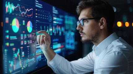 Young male analyst examining digital data visualizations on a large touchscreen display in a modern, dark office setting.