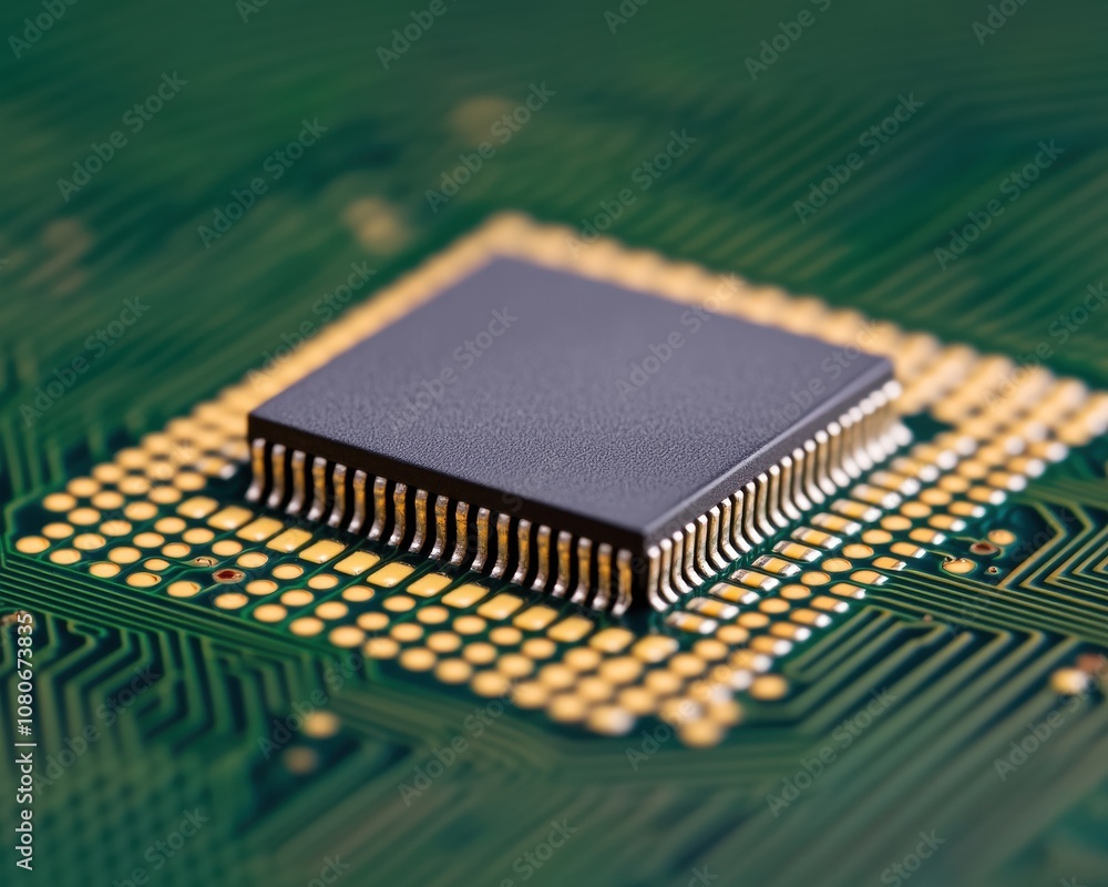 Leinwandbilder A close-up view of a microprocessor on a green circuit board, showcasing its intricate details and surrounding circuitry.