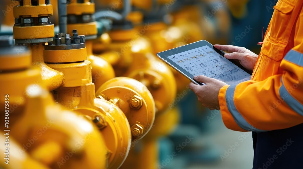 Aufkleber a worker in an orange jumpsuit checks a tablet computer while inspecting a row of yellow pipes at a 