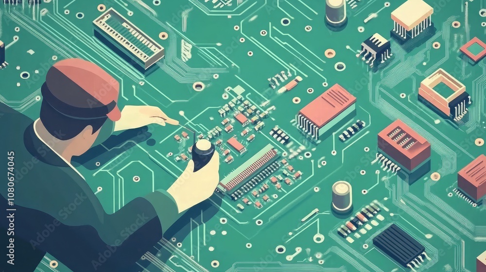 Poster a man in a red cap works on a circuit board, meticulously inspecting the intricate wiring and compon