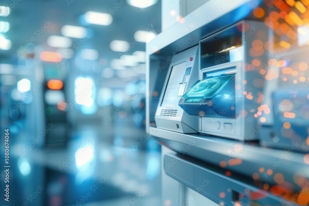 Poster close-up of a modern atm machine featuring a digital touch interface in a well-lit banking hall with