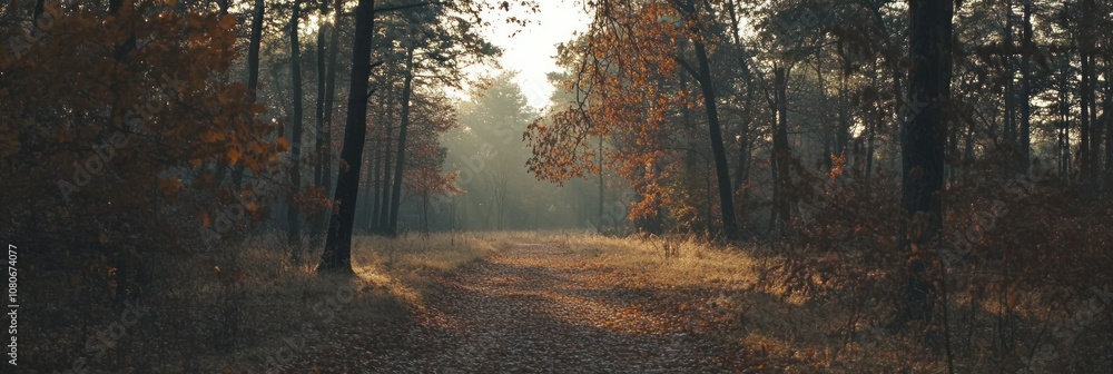 Poster a serene forest path lined with autumn foliage and soft light filtering through the trees.