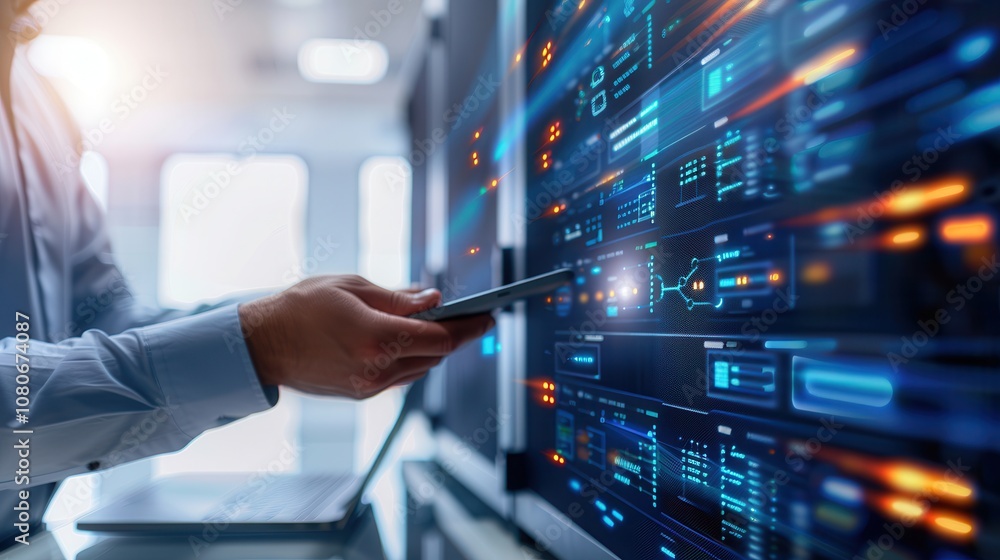 Poster it technician holding a digital tablet, monitoring data displayed on server screens in a high-tech, 