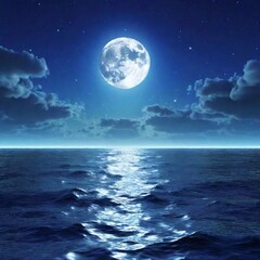 A high-resolution digital artwork capturing a serene nighttime seascape under a full moon. The large, gleaming moon dominates the sky, casting a silver glow over the dark ocean. Puffy clouds partially