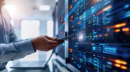IT technician holding a digital tablet, monitoring data displayed on server screens in a high-tech, modern data center environment.