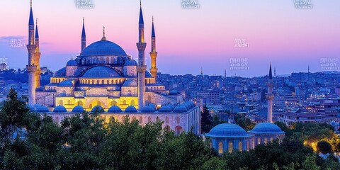Obraz premium A panoramic view of a historic mosque at sunset, highlighting its architectural beauty.