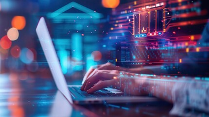 Close-up of hands typing on a laptop keyboard with a futuristic digital interface overlay, showing data and graphics in a dark workspace.
