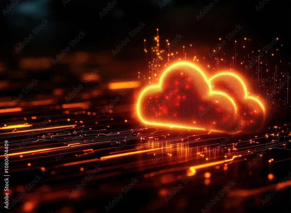 Leinwandbilder a glowing, digital cloud surrounded by dynamic, glowing particles against a dark background, symboli