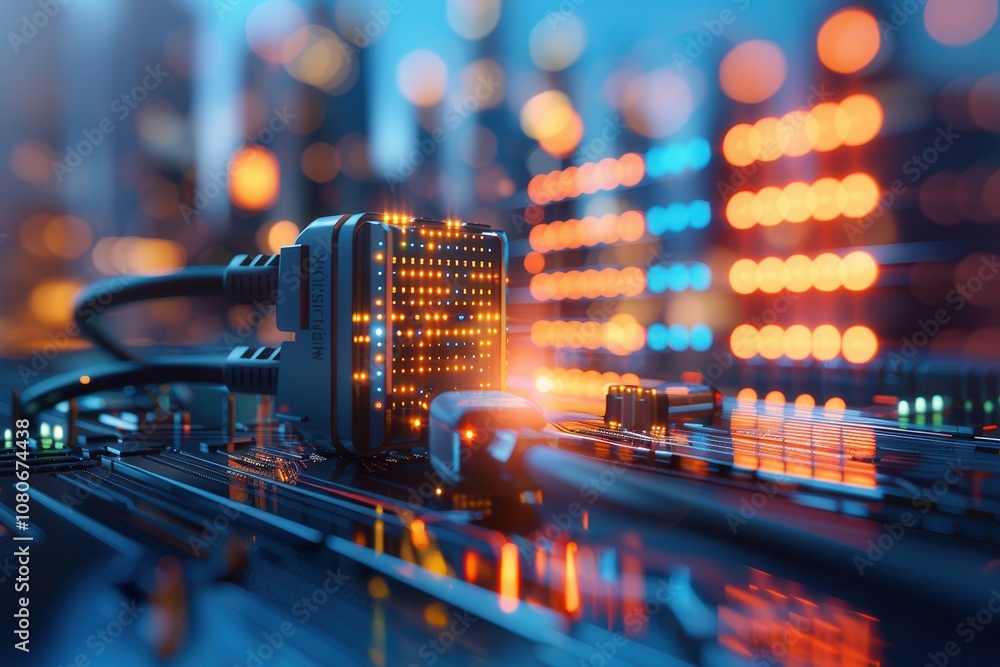 Poster detailed view of network cables and illuminated led lights on a circuit board, symbolizing data conn
