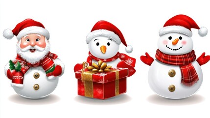 Collection of Christmas icons: Santa, snowman, baubles, and gift boxes. Perfect for cards and festive decor.