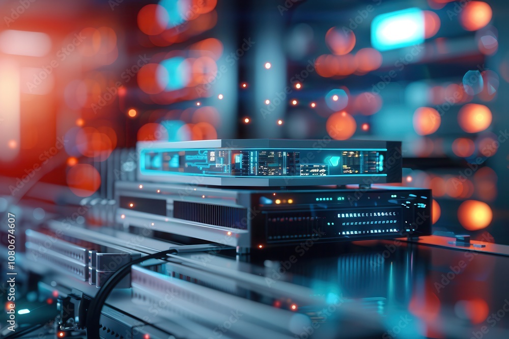 Poster close-up of advanced server equipment in a data center with glowing blue and orange lights, showing 
