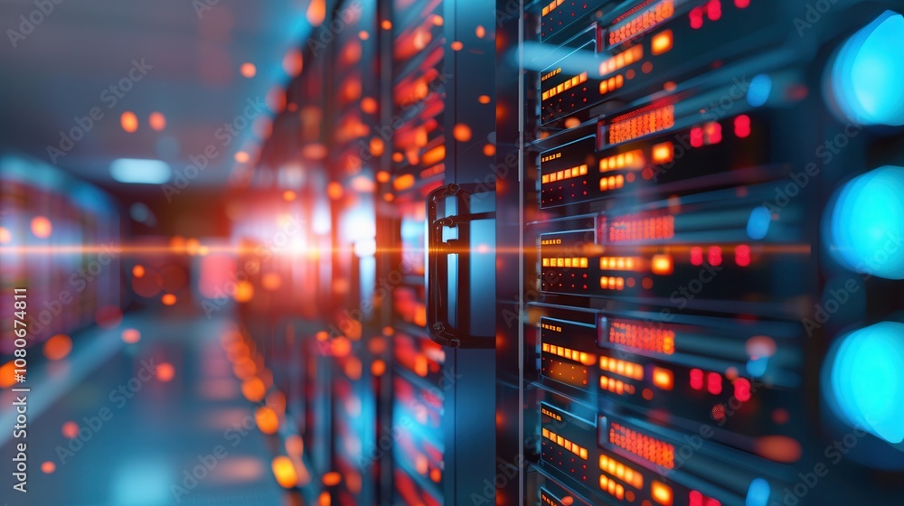 Poster brightly lit server room with rows of data racks featuring red and blue indicator lights, showcasing