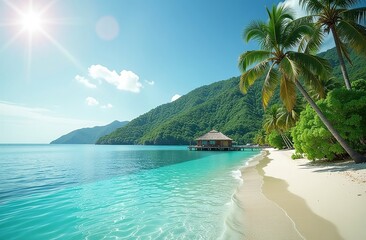 Naklejka premium luxury bungalows on tropical islands, blue ocean, white sand 