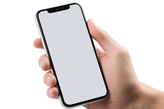 Close-up of a man hand using a mobile smartphone, fingers tapping on the screen isolated on white background