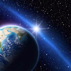 Fototapeta premium A high-resolution digital artwork captures the Earth in the vast expanse of space. The planet, detailed with vibrant blues, greens, and browns, showcases continents, oceans, and swirling weather patte