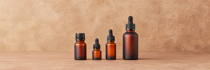 Minimal skincare product arrangement featuring amber glass bottles in various sizes, perfect for clean and aesthetic display. Ideal for beauty and wellness themes