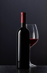 Bottle and glass of red wine.