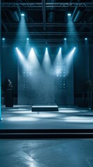 Obraz premium A contemporary stage setup with blue spotlights and dramatic lighting in an industrial environment, perfect for events, performances, and shows.