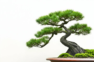 A bonsai tree with green foliage and a gnarled trunk, isolated on a white background.