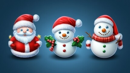 Collection of holiday icons: Santa, baubles, snowman, and gifts. High-detail design for Christmas cards.