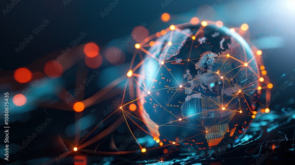 Poster a digital globe surrounded by network connections and data points, symbolizing global communication,