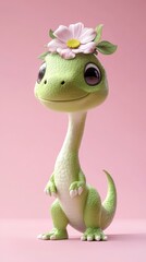 Fototapeta premium Cute baby dinosaur wearing a flower crown on pink background