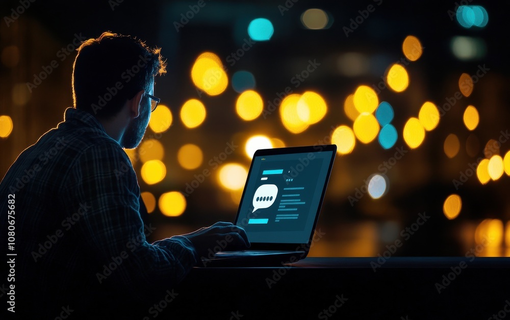 Poster a person working on a laptop at night, surrounded by a cityscape illuminated by soft, bokeh lights, 