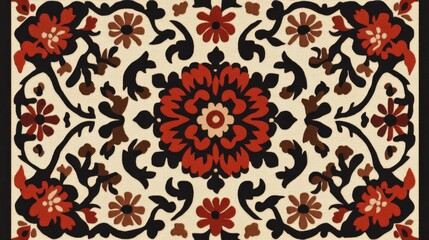 Naklejka premium Intricate floral textile with red, black, and brown symmetrical patterns on light background