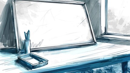 Fototapeta premium A hand-drawn illustration of a blank whiteboard, a pencil holder, and a tray on a wooden table, with a window behind.