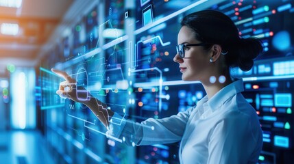 Confident female IT professional in a data center interacting with a virtual interface, representing cybersecurity, technology, and digital innovation.
