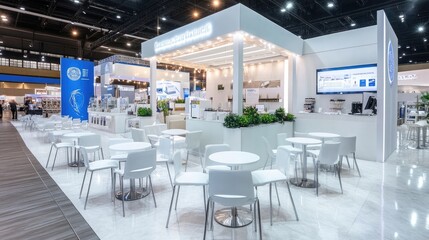 A modern and bright white exhibition booth with seating for attendees.