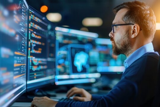 Data analyst in glasses intently focused on analyzing information displayed on multiple monitors, showcasing code, graphs, and data visualizations in a high-tech environment.