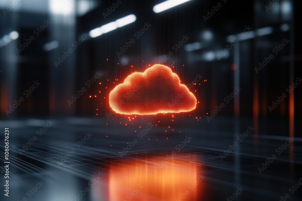 Poster the digital network glows with technology concepts, a glowing orange cloud icon illuminates a dark, 