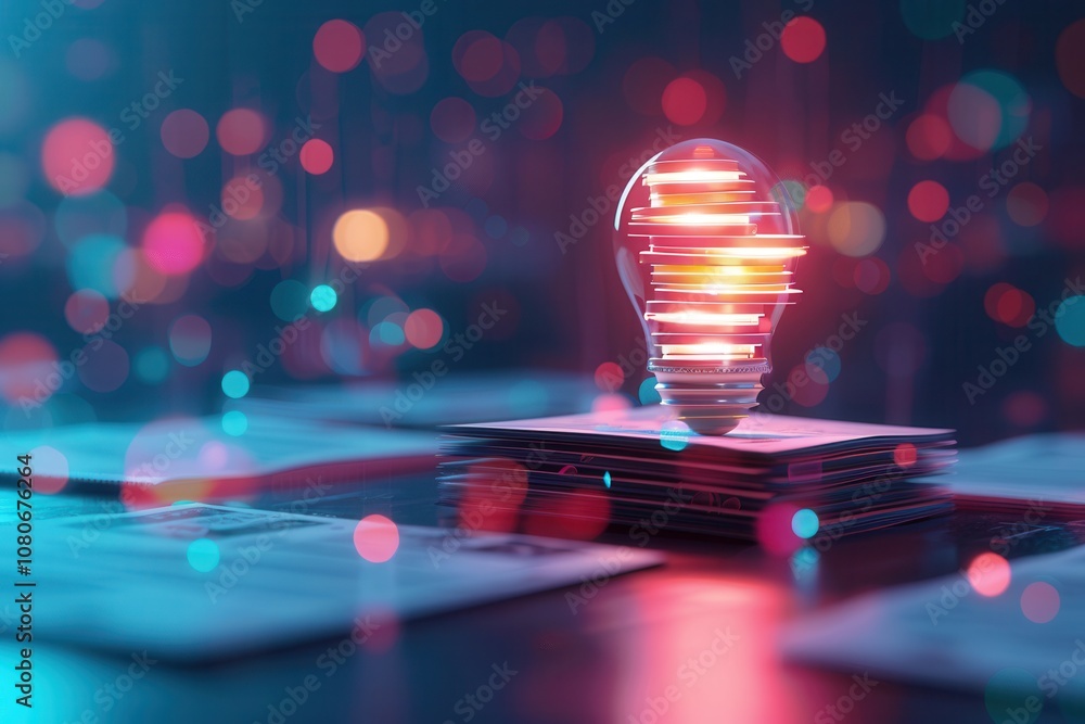 Poster glowing lightbulb on a stack of papers with vibrant bokeh lights in the background, symbolizing crea